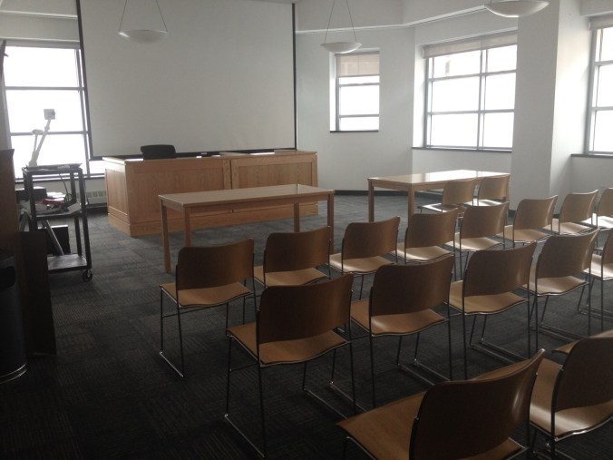 A mockcourt room, in the building, where attorneys and clients can prepare for court hearings.